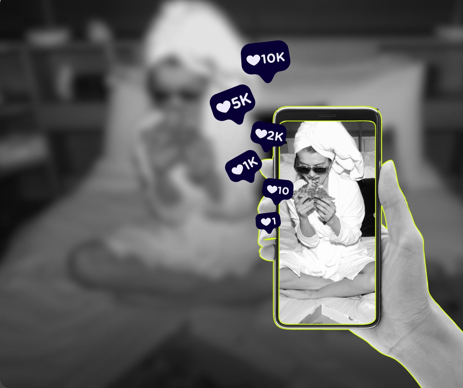 Influencerė valganti picą ir filmuojanti turinį Instagramui