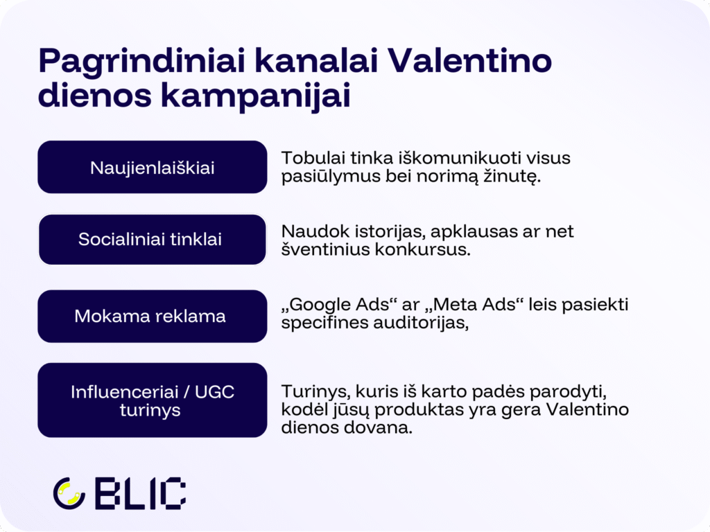 Infografikas apie pagrindinius pardavimų kanalus Valentino dienos kampanijai: naujienlaiškiai, socialiniai tinklai, mokama reklama ir influenceriai. Vizualas pabrėžia, kaip šie kanalai padeda didinti pardavimus.
