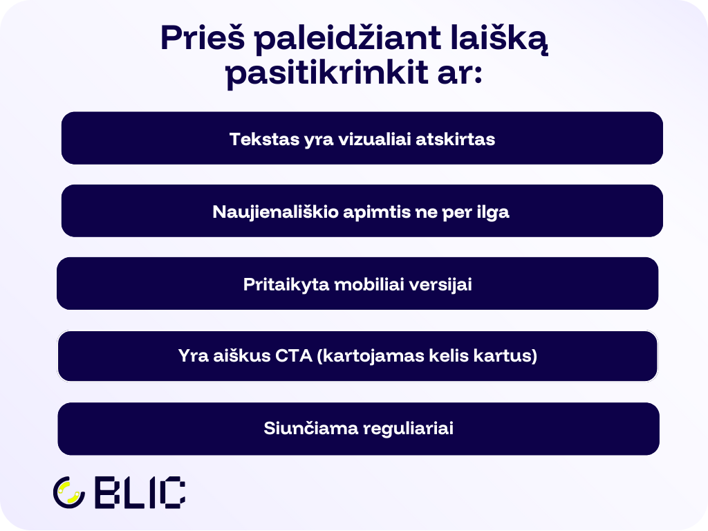 Sąrašas, kuris padės pasiriktinti ar paleistas naujienlaiškis tinkamas.